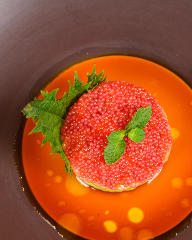Composizione circolare di salmone, avocado e uova rosse in salsa arancione